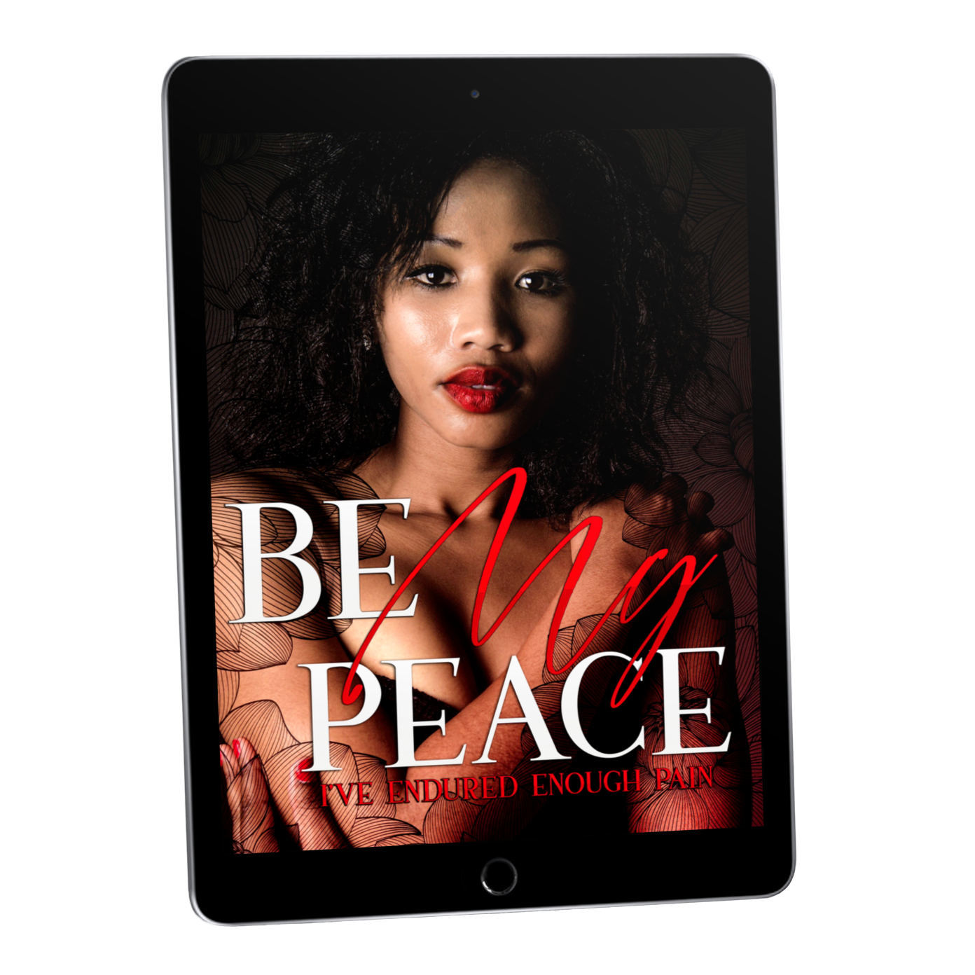 Urban fiction romance book cover on iPad. Black girl with red lipstick, body tattoos, and red finger nails. Black white and red cover, publishing company, Amazon, kindle, Courtney simone