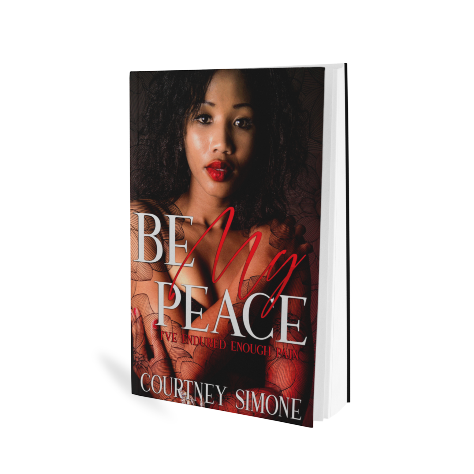 Urban fiction romance book cover. Black girl with red lipstick, body tattoos, and red finger nails. Black white and red cover, publishing company, black woman natural hair, bruised arm, paperback book, Amazon, kindle, Courtney simone