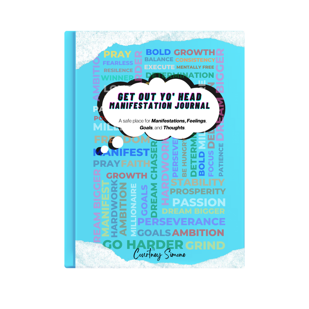 A blue spiral-bound manifestation journal with a title 'GET OUT YO' HEAD MANIFESTATION JOURNAL' on the cover, along with various positive words and phrases related to manifestation and personal growth.