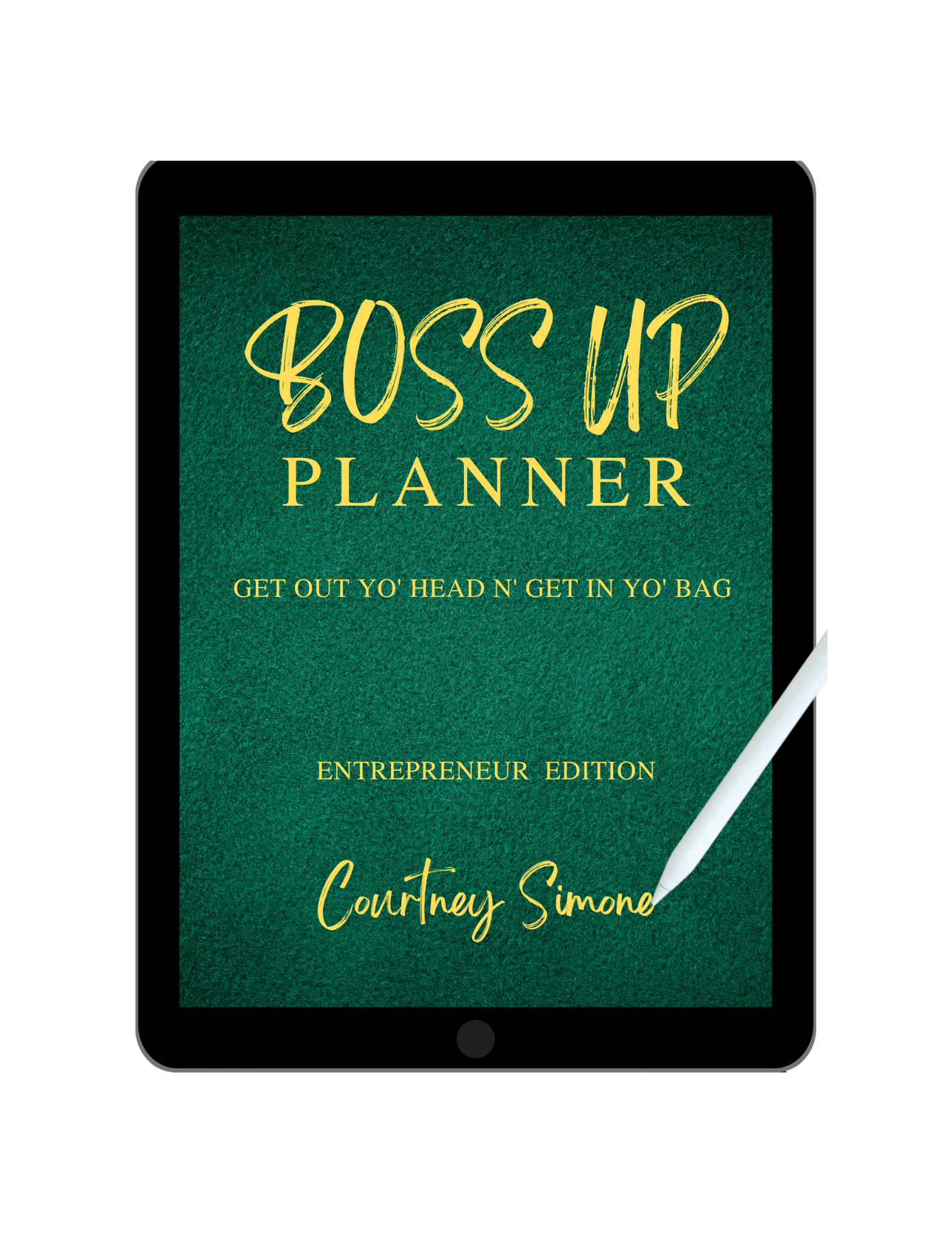 Digital business planner compatible with goodnotes. Green bookcover, gold words, Courtney Simone, digital planning