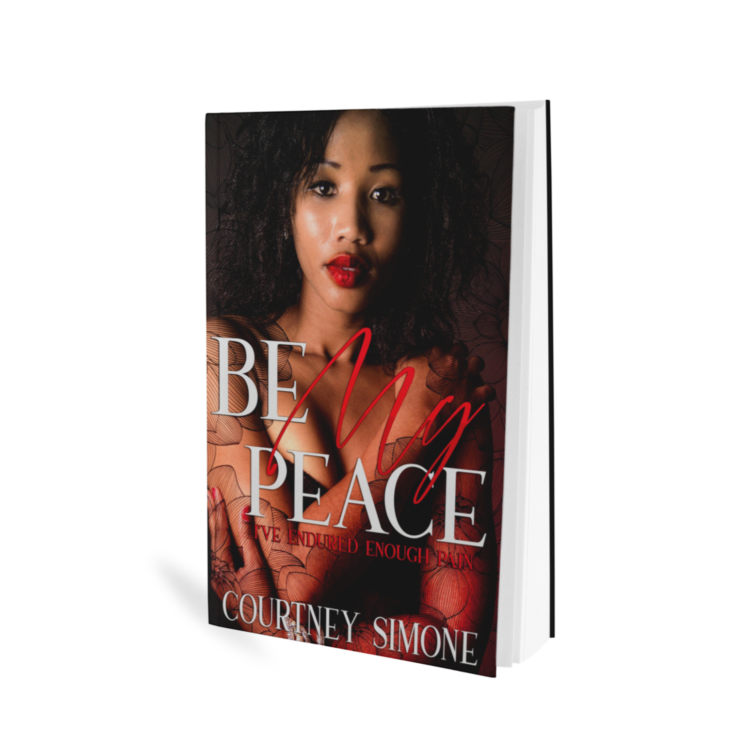 Urban fiction romance book cover. Black girl with red lipstick, body tattoos, and red finger nails.  Black white and red cover, publishing company, black woman natural hair, bruised arm, paperback book, Amazon, kindle, Courtney simone