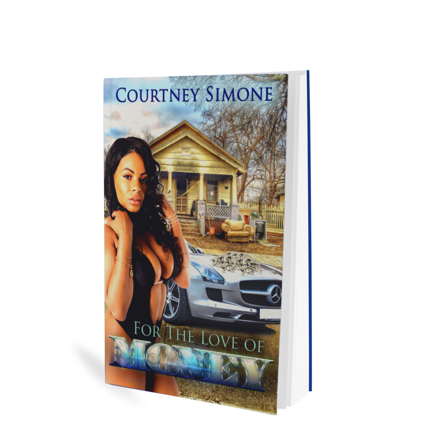 Urban fiction book cover. Black girl with curly wig, black stripper, trap house, Bando, Mercedes with rims, green letters, publishing company, paperback book, Amazon, kindle, Courtney simone