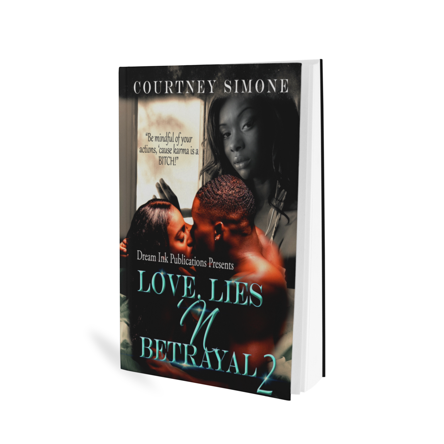 Urban fiction romance book cover, black couple kissing, black man with hair waves, light blue and black letters, dream ink publication, black woman by window, book series, black book, paperback book, Amazon, kindle Courtney simone