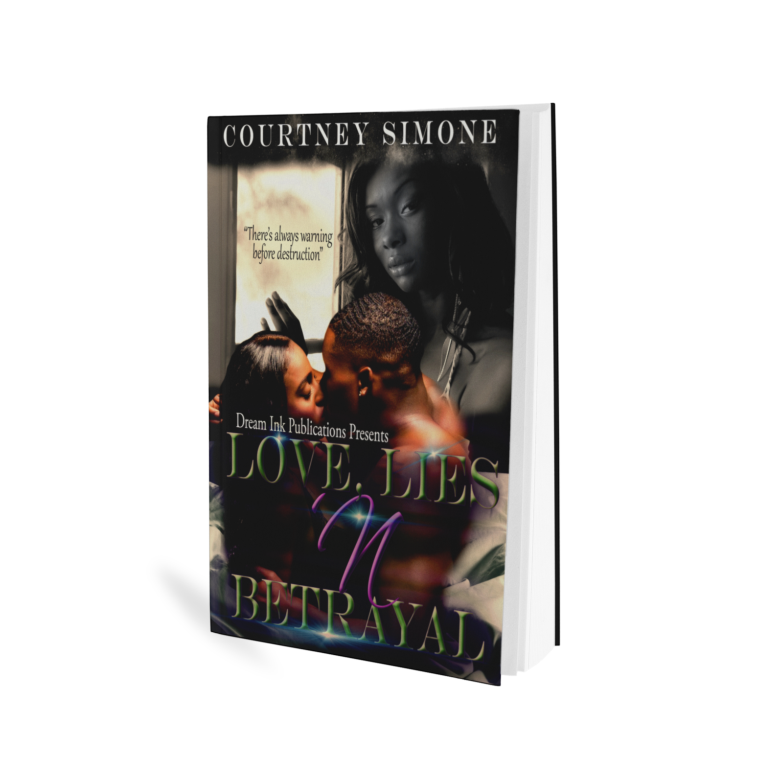 Urban fiction romance book cover, black couple kissing, purple, green and black letters, Dream ink publication company, black woman by window, book series, black book, paperback book, Amazon, kindle, Courtney simone