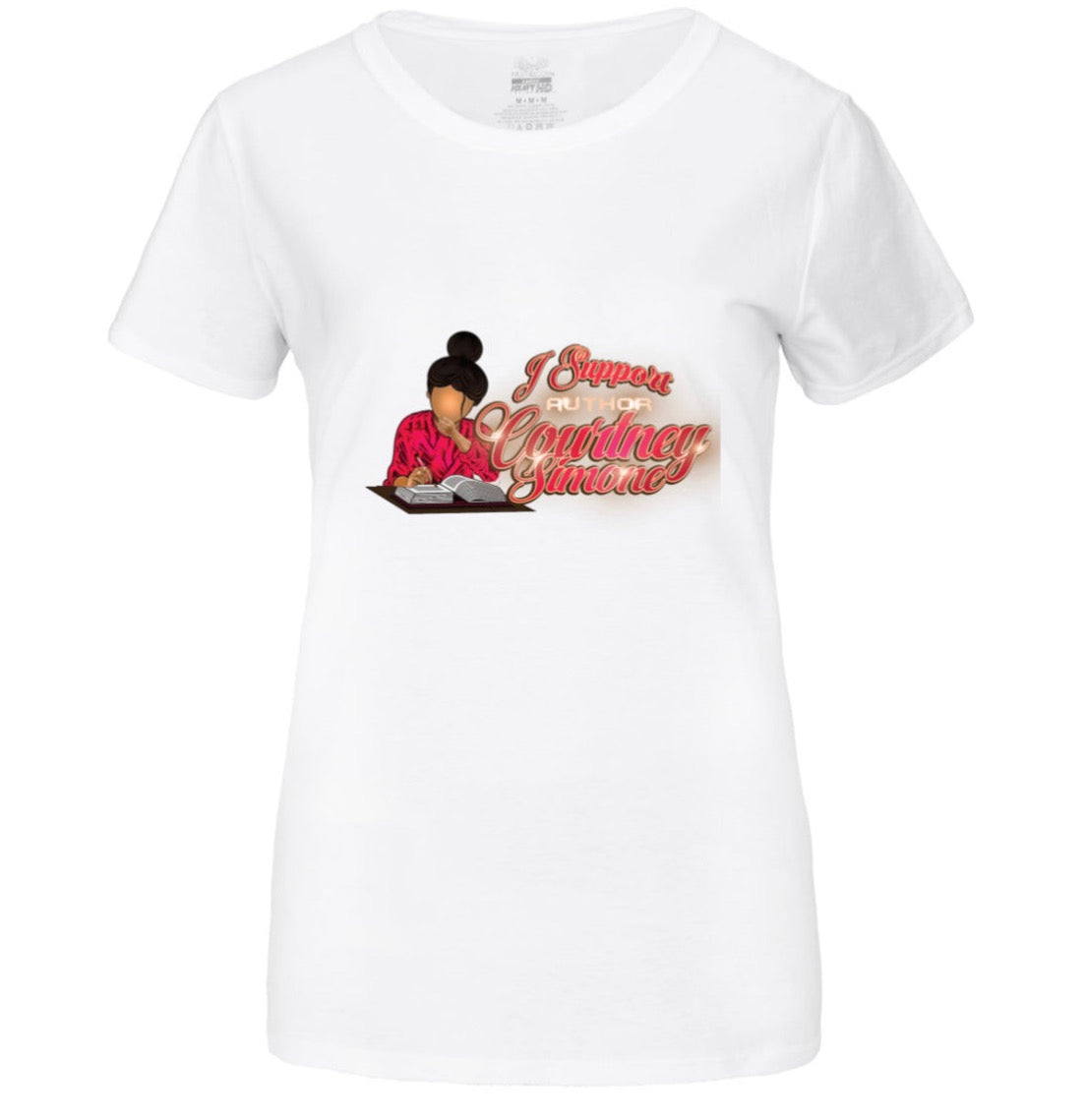 White crew neck women tshirt, author Merch, shirt with black woman, shirt with writing a book, Courtney Simone shirt, I support tshirts, woman apparel, black history month shirts, black business red shirt, white shirt, gold shirt, cotton shirt, short sleeve shirt