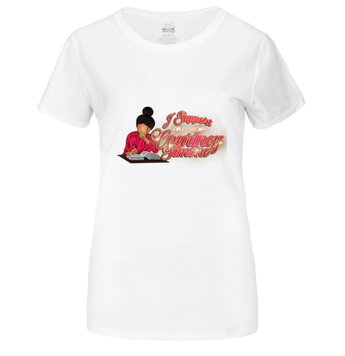 White crew neck women tshirt, author Merch, shirt with black woman, shirt with writing a book, Courtney Simone shirt, I support tshirts, woman apparel, black history month shirts, black business red shirt, white shirt, gold shirt, Cotton shirt, short sleeve shirt